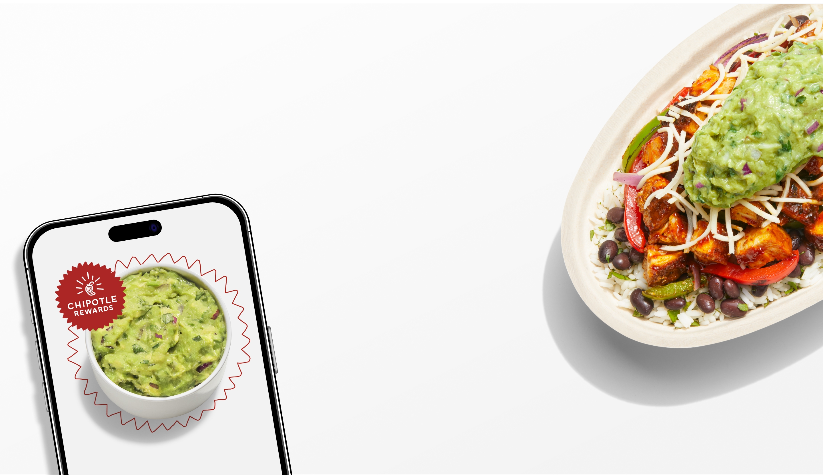 A smart phone showing the Chipotle Rewards logo around a free side or topping of fresh, hand-mashed Guac that you get when you sign up for Chipotle Rewards. Accompanied by a Chipotle Honey Chicken Burrito Bowl with white rice, black beans, freshly grilled Chipotle Honey Chicken, fajita veggies, hand-mashed Guac, and shredded Monterey Jack cheese.